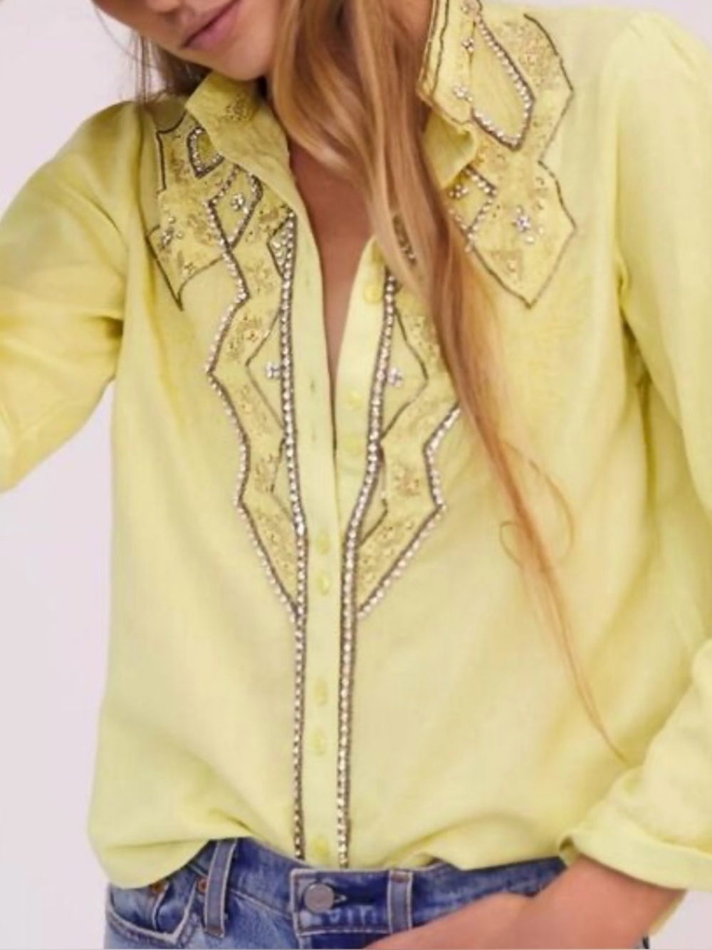 Anthropology Embellished Yellow Button-Front Shirt